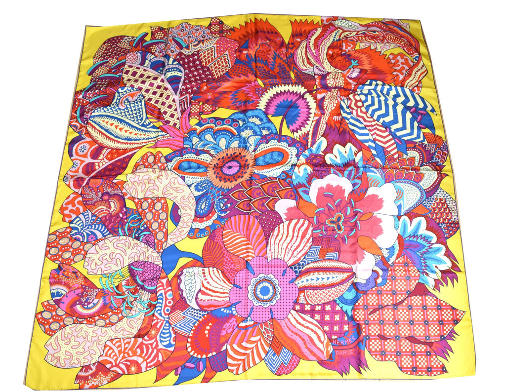 Hermes Shawl Fleurs d'Indiennes by Aline Honore 140 Silk Yellow 56” inch Scarf Carre