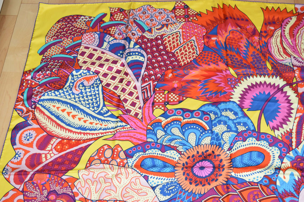 Hermes Shawl Fleurs d'Indiennes by Aline Honore 140 Silk Yellow 56” inch Scarf Carre