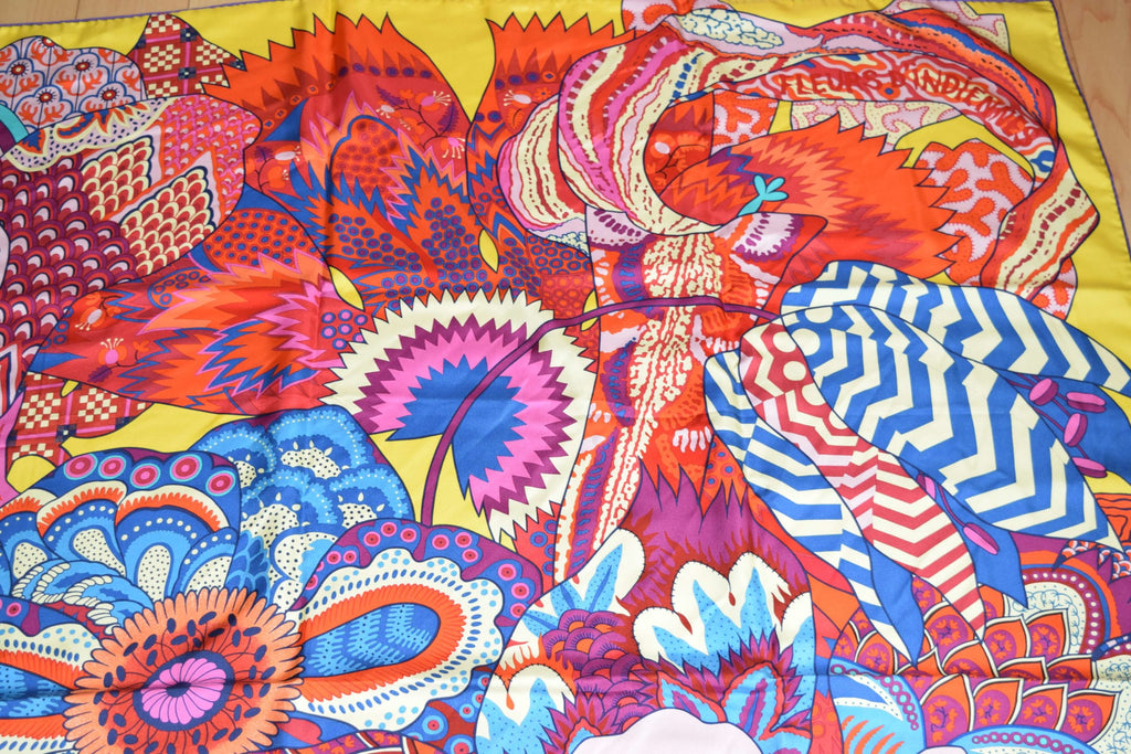 Hermes Shawl Fleurs d'Indiennes by Aline Honore 140 Silk Yellow 56” inch Scarf Carre