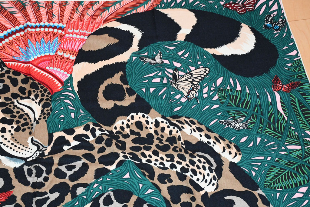 Hermes Shawl Jaguar Quetzal 140 cm Cashmere silk scarf stole pink red 56"