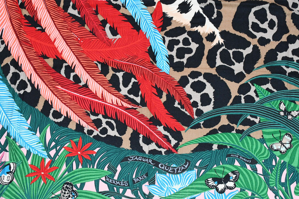 Hermes Shawl Jaguar Quetzal 140 cm Cashmere silk scarf stole pink red 56"