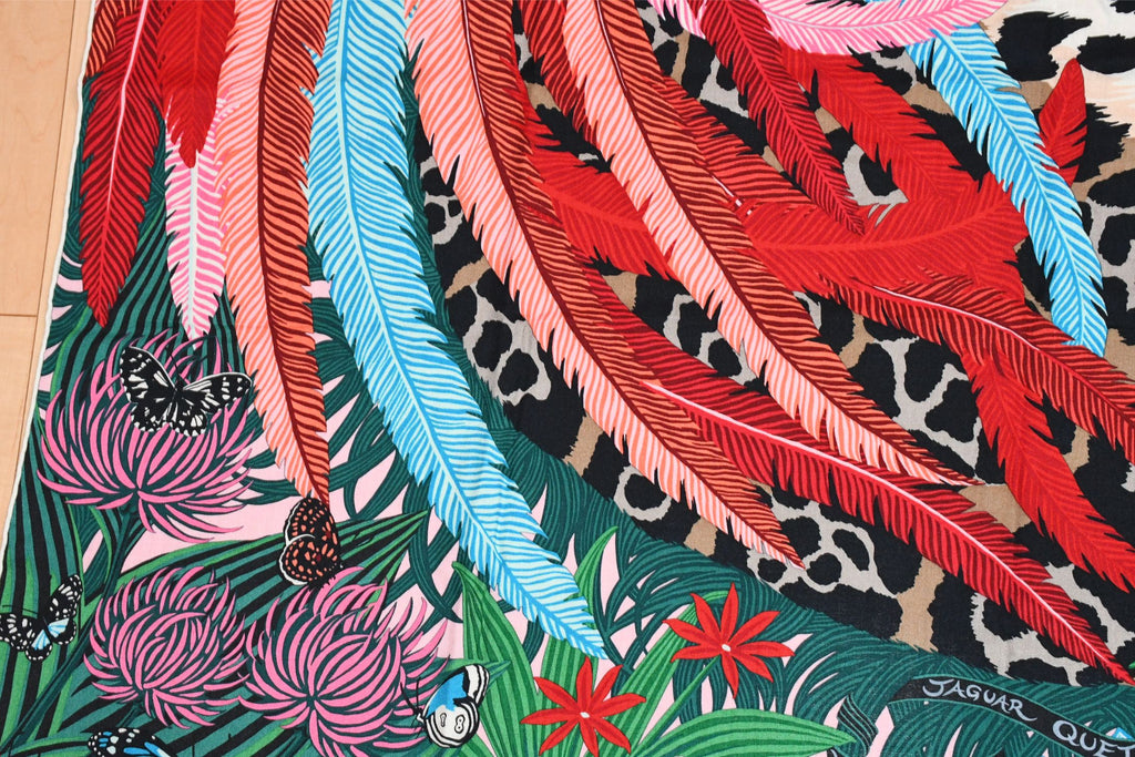 Hermes Shawl Jaguar Quetzal 140 cm Cashmere silk scarf stole pink red 56"