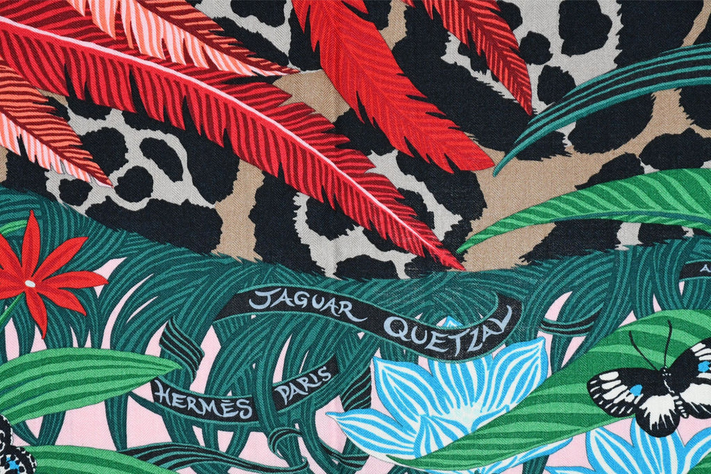 Hermes Shawl Jaguar Quetzal 140 cm Cashmere silk scarf stole pink red 56"