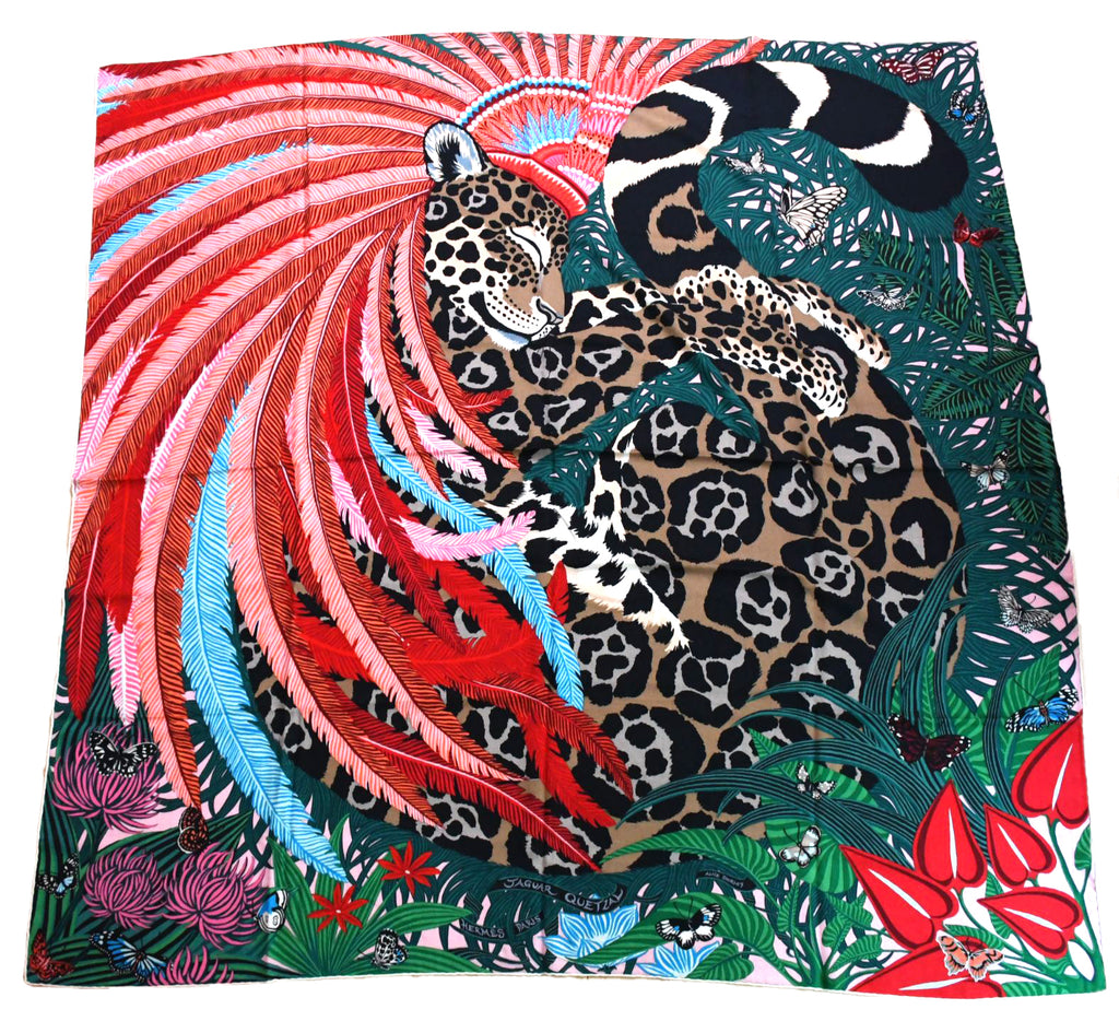 Hermes Shawl Jaguar Quetzal 140 cm Cashmere silk scarf stole pink red 56"