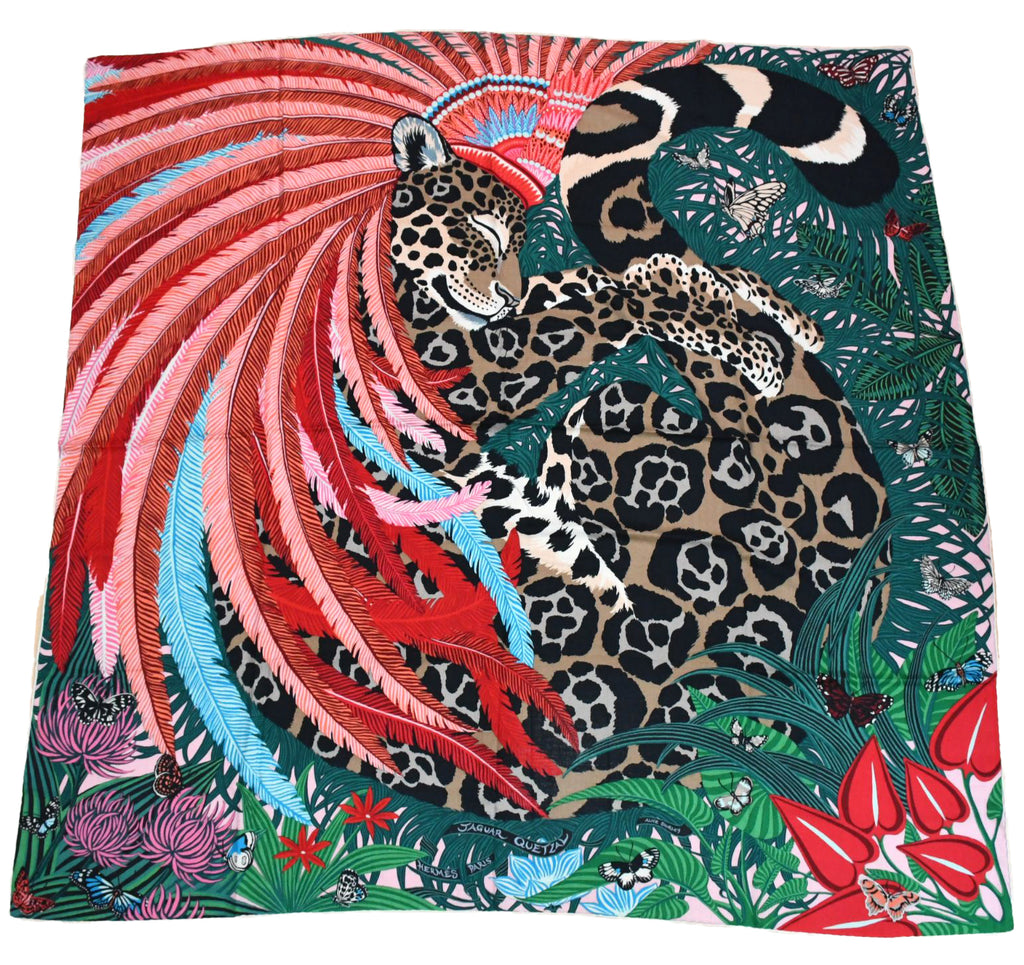 Hermes Shawl Jaguar Quetzal 140 cm Cashmere silk scarf stole pink red 56"