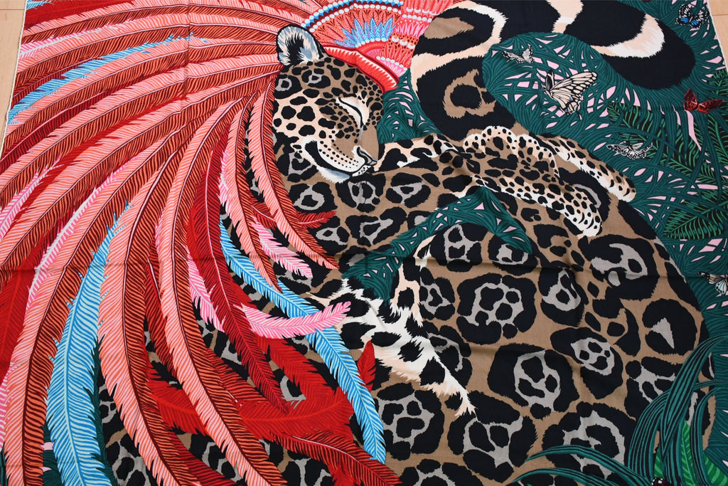 Hermes Shawl Jaguar Quetzal 140 cm Cashmere silk scarf stole pink red 56"