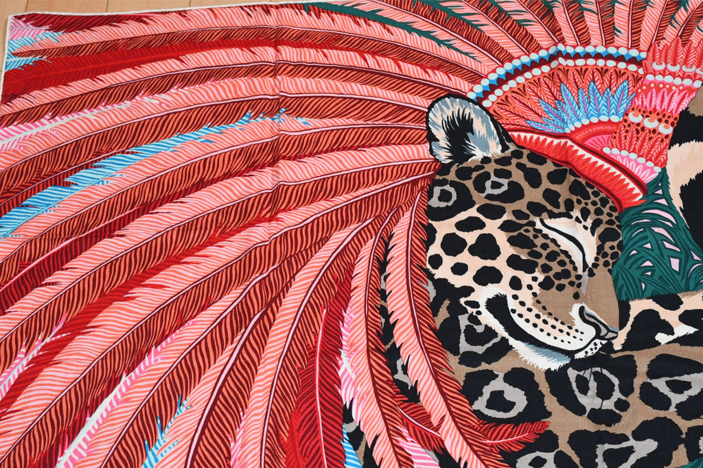 Hermes Shawl Jaguar Quetzal 140 cm Cashmere silk scarf stole pink red 56"