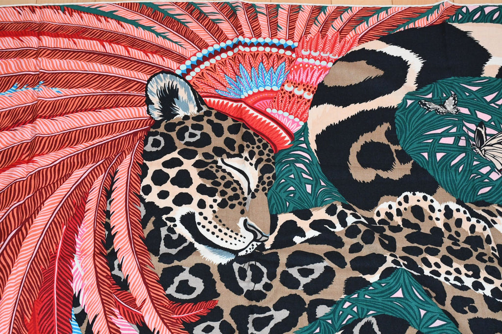 Hermes Shawl Jaguar Quetzal 140 cm Cashmere silk scarf stole pink red 56"