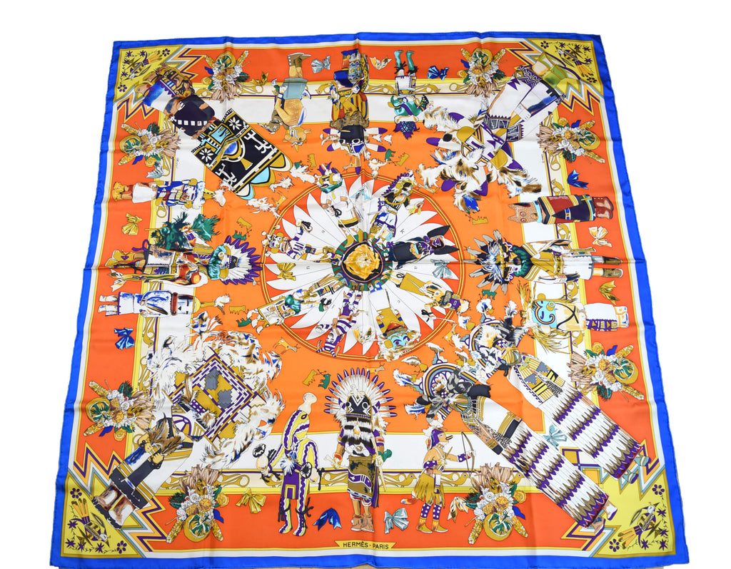 Hermes Shawl Kachina 140 cm Silk Orange Native American Indian 56" Scarf Stole