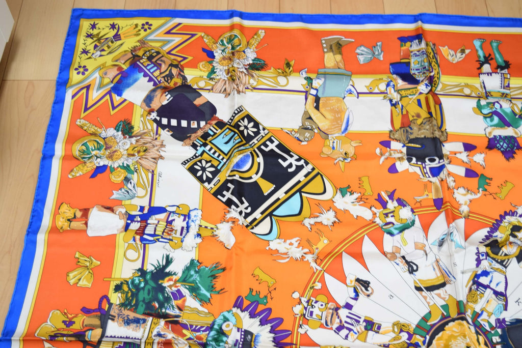 Hermes Shawl Kachina 140 cm Silk Orange Native American Indian 56" Scarf Stole