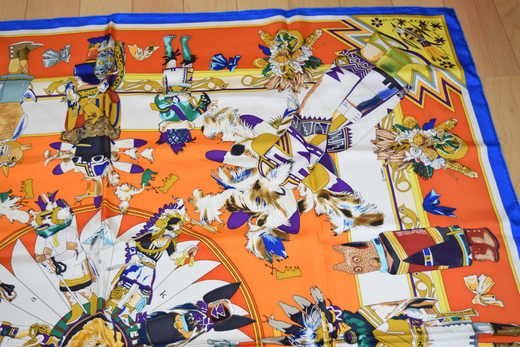 Hermes Shawl Kachina 140 cm Silk Orange Native American Indian 56" Scarf Stole