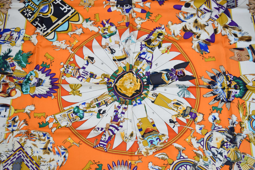 Hermes Shawl Kachina 140 cm Silk Orange Native American Indian 56" Scarf Stole