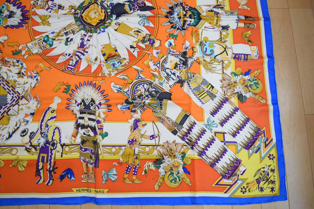 Hermes Shawl Kachina 140 cm Silk Orange Native American Indian 56" Scarf Stole