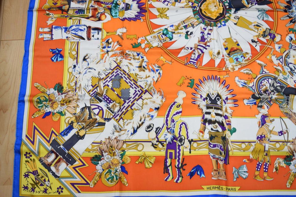 Hermes Shawl Kachina 140 cm Silk Orange Native American Indian 56" Scarf Stole