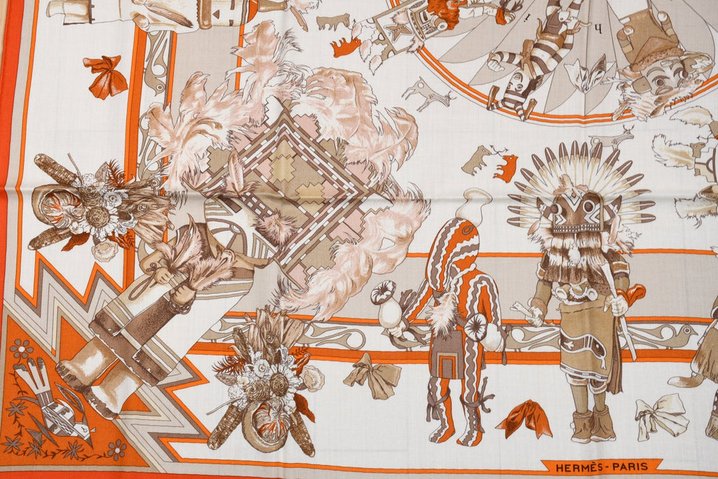 Hermes Shawl Kachina by Kermit Oliver 140 cm Cashmere silk scarf stole orange 56"