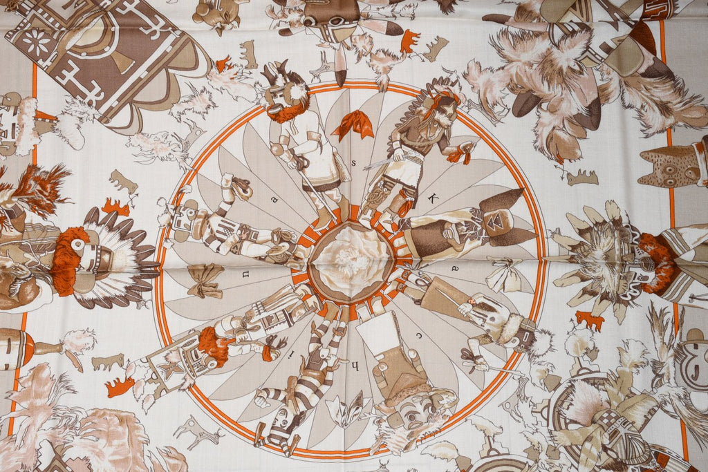 Hermes Shawl Kachina by Kermit Oliver 140 cm Cashmere silk scarf stole orange 56"