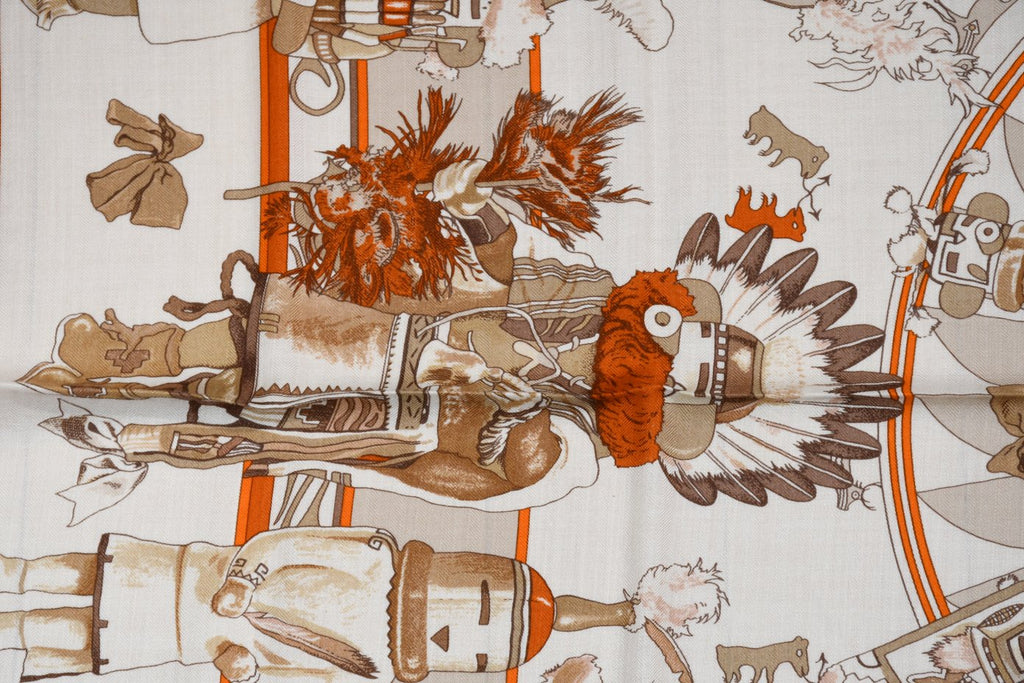 Hermes Shawl Kachina by Kermit Oliver 140 cm Cashmere silk scarf stole orange 56"