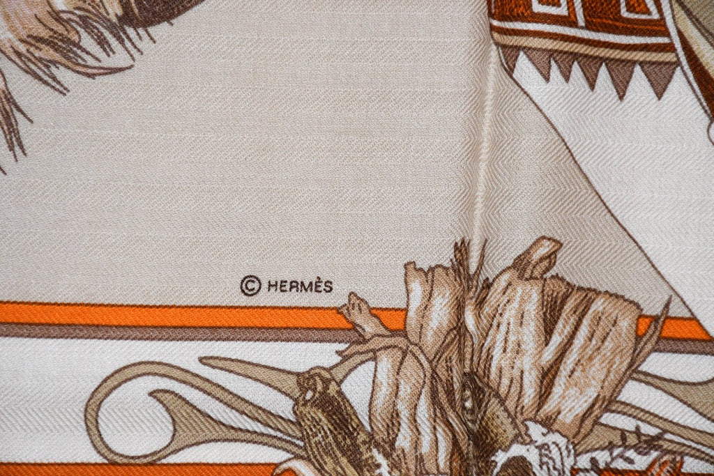Hermes Shawl Kachina by Kermit Oliver 140 cm Cashmere silk scarf stole orange 56"