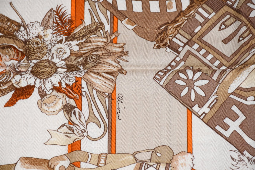 Hermes Shawl Kachina by Kermit Oliver 140 cm Cashmere silk scarf stole orange 56"