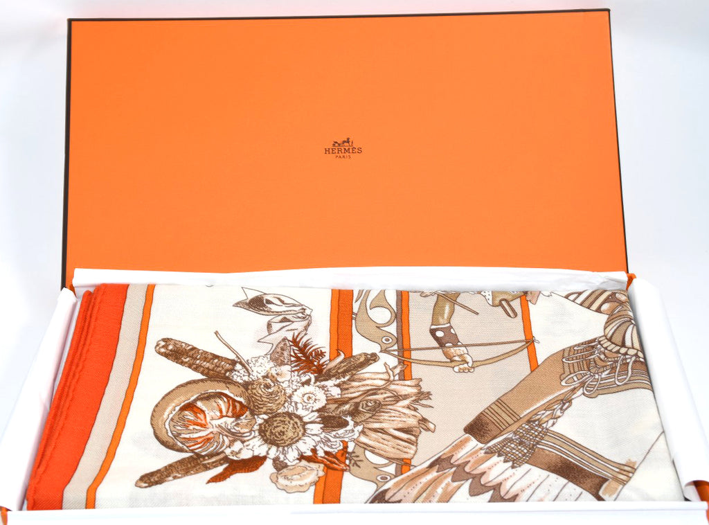 Hermes Shawl Kachina by Kermit Oliver 140 cm Cashmere silk scarf stole orange 56"