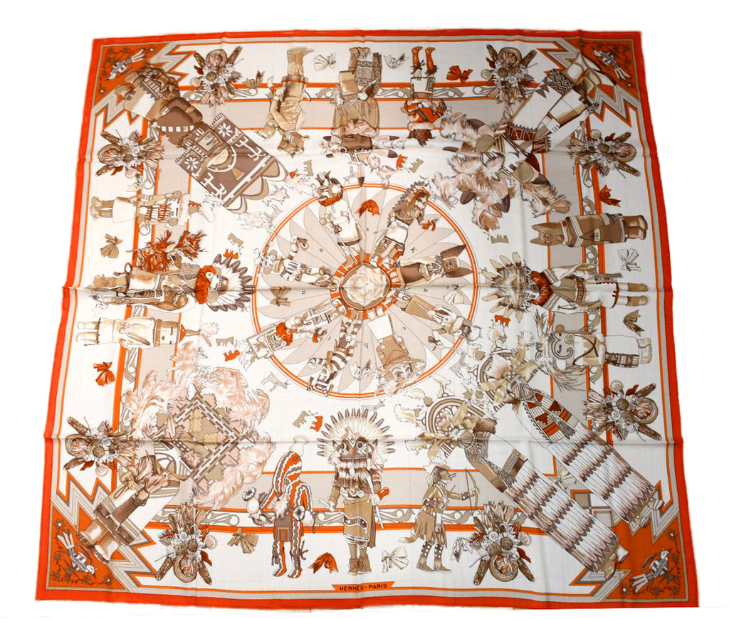 Hermes Shawl Kachina by Kermit Oliver 140 cm Cashmere silk scarf stole orange 56"