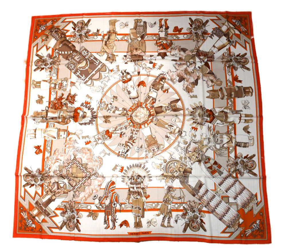 Hermes Shawl Kachina by Kermit Oliver 140 cm Cashmere silk scarf stole orange 56"