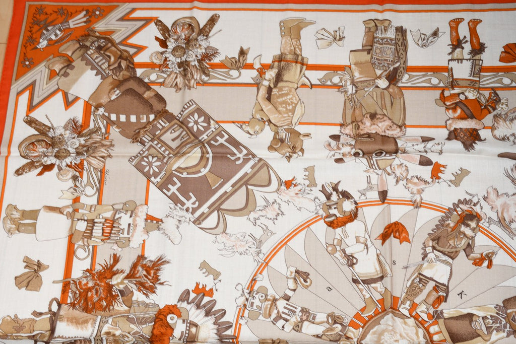 Hermes Shawl Kachina by Kermit Oliver 140 cm Cashmere silk scarf stole orange 56"