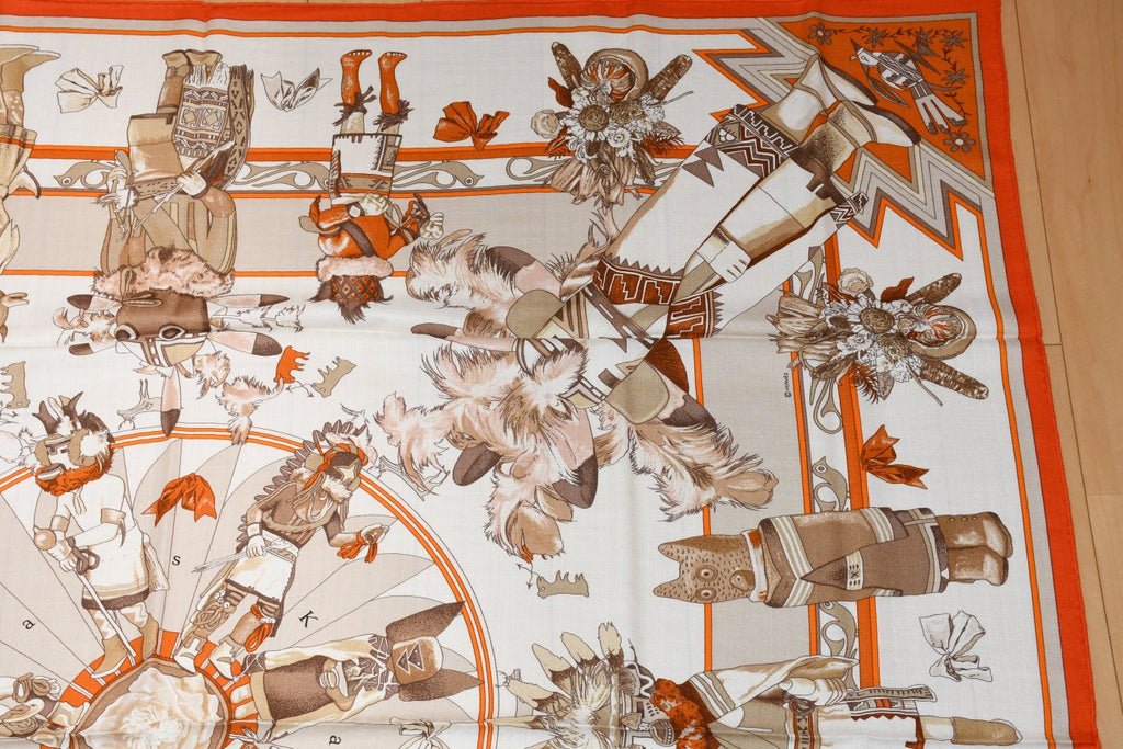 Hermes Shawl Kachina by Kermit Oliver 140 cm Cashmere silk scarf stole orange 56"