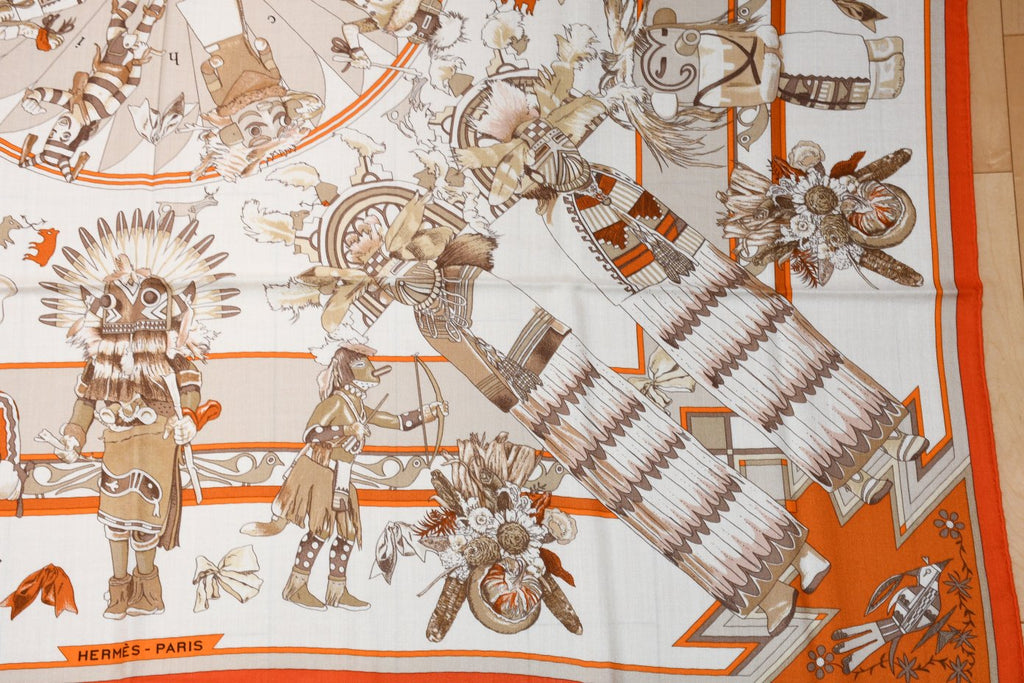 Hermes Shawl Kachina by Kermit Oliver 140 cm Cashmere silk scarf stole orange 56"