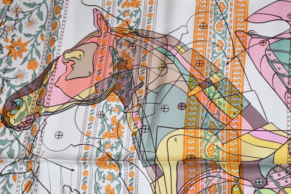Hermes Shawl Le Pegase d'Hermes by Christian Renonciat 140 cm Silk scarf stole white
