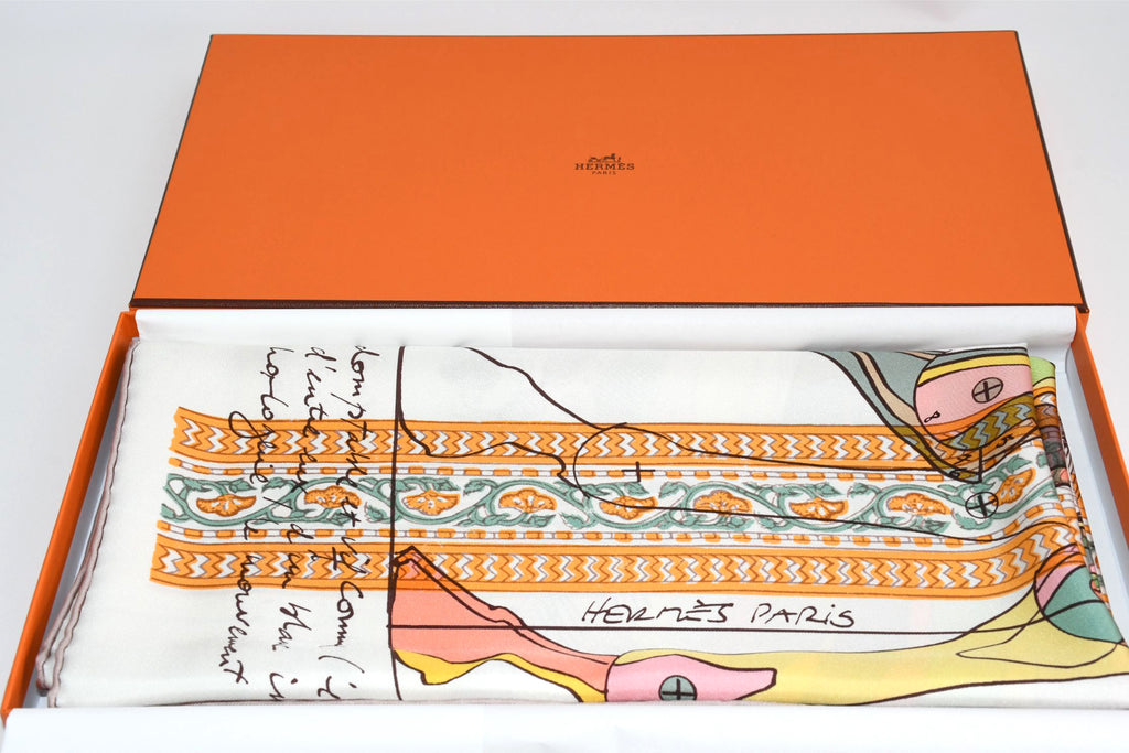 Hermes Shawl Le Pegase d'Hermes by Christian Renonciat 140 cm Silk scarf stole white