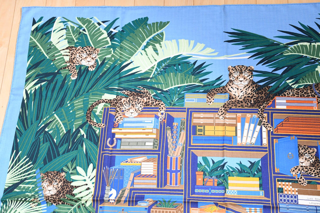 Hermes Shawl Les 12 Leopards 140 cm Cashmere silk scarf stole book forest 56"