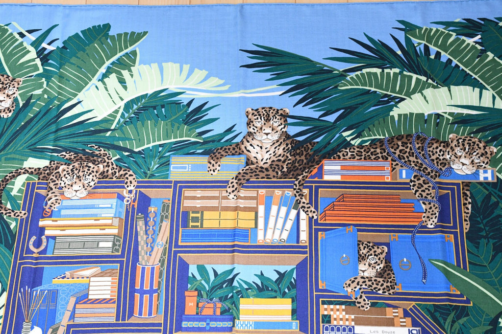 Hermes Shawl Les 12 Leopards 140 cm Cashmere silk scarf stole book forest 56"