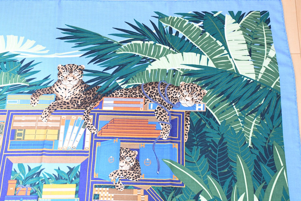Hermes Shawl Les 12 Leopards 140 cm Cashmere silk scarf stole book forest 56"