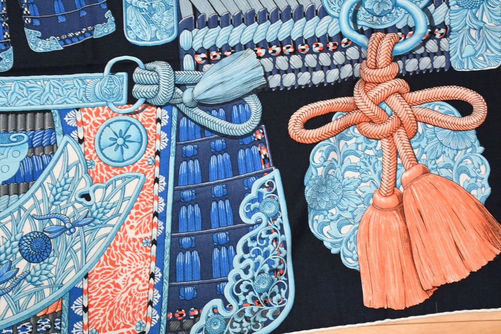 Hermes Shawl Parures de Samourais 140 cm Cashmere Silk samurai scarf carre stole 56"