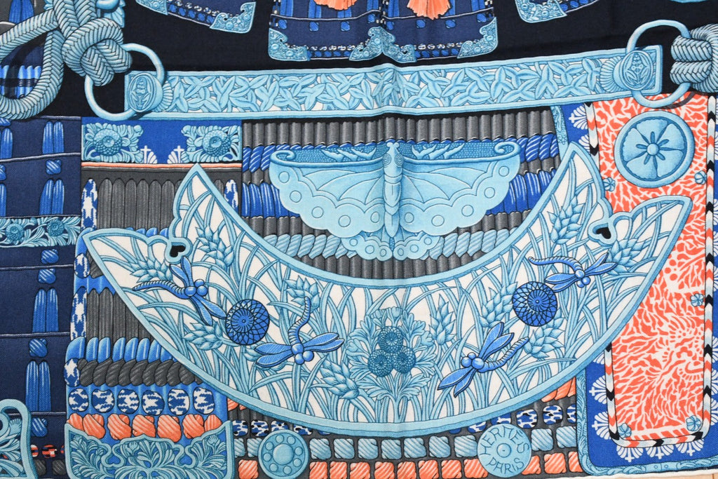 Hermes Shawl Parures de Samourais 140 cm Cashmere Silk samurai scarf carre stole 56"