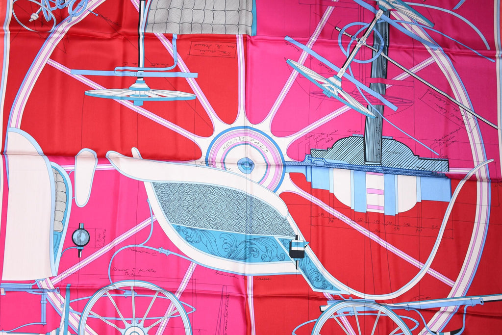 Hermes Shawl Petit Duc 140 cm silk stole pink red scarf horse carriage 56"