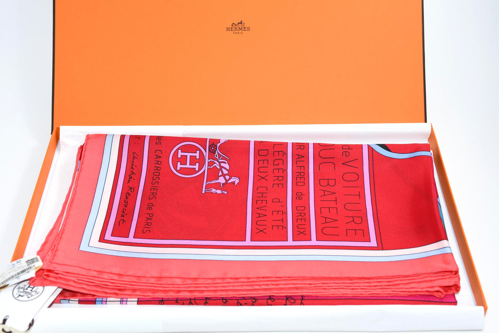 Hermes Shawl Petit Duc 140 cm silk stole pink red scarf horse carriage 56"
