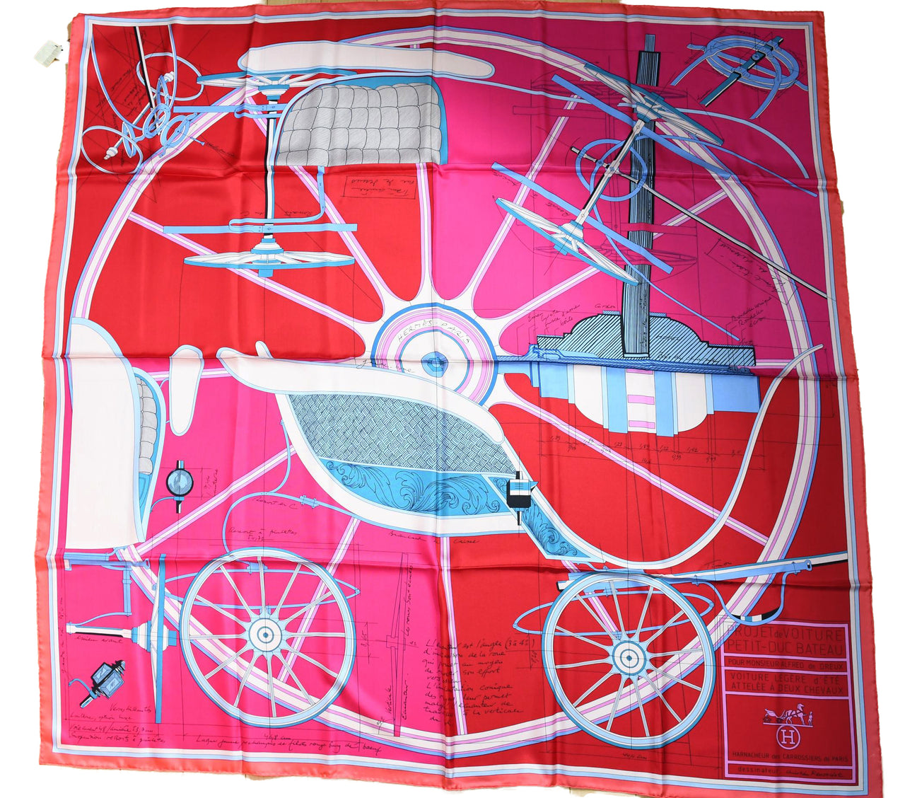 Hermes Shawl Petit Duc 140 cm silk stole pink red scarf horse carriage 56"