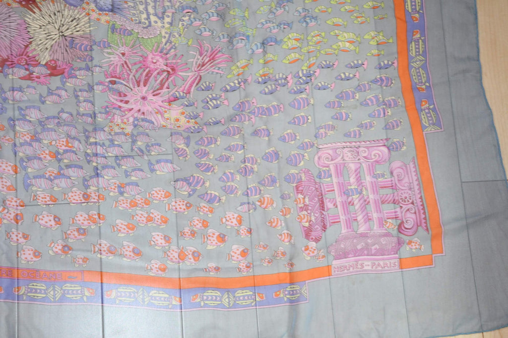 Hermes Shawl Rencontre Oceane 140 cm Chiffon Silk mousseline ocean sea 56" Scarf