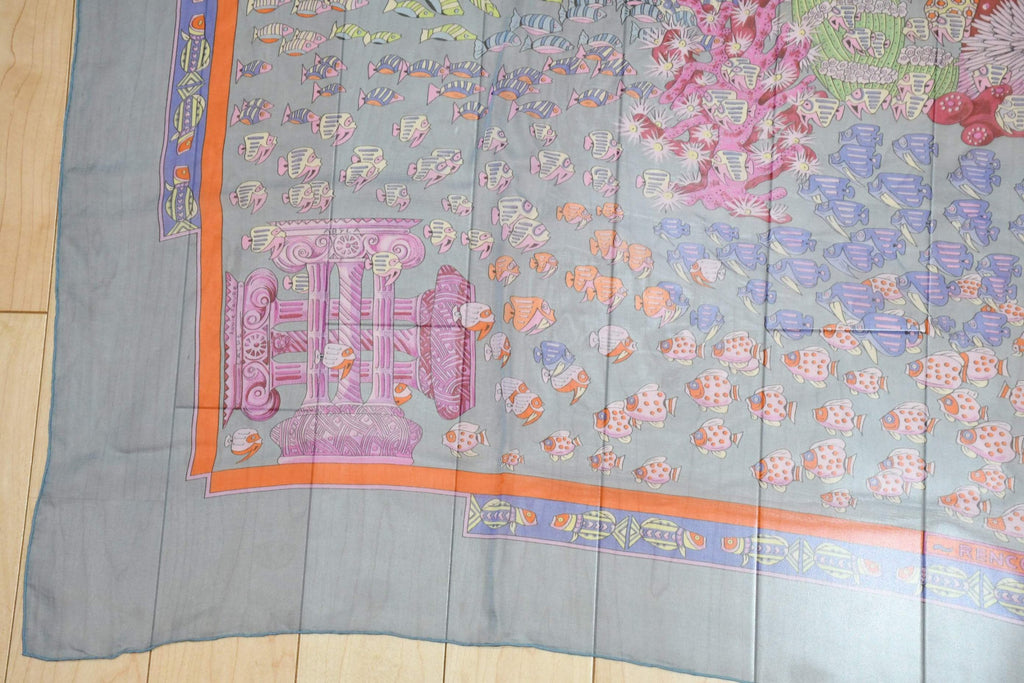 Hermes Shawl Rencontre Oceane 140 cm Chiffon Silk mousseline ocean sea 56" Scarf