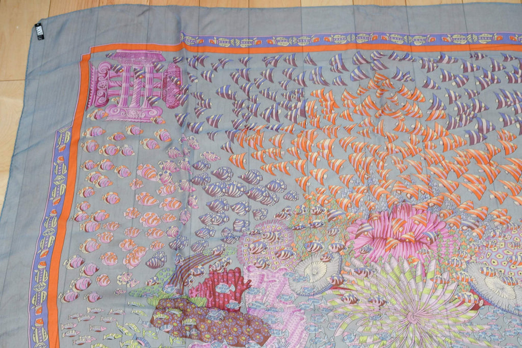 Hermes Shawl Rencontre Oceane 140 cm Chiffon Silk mousseline ocean sea 56" Scarf