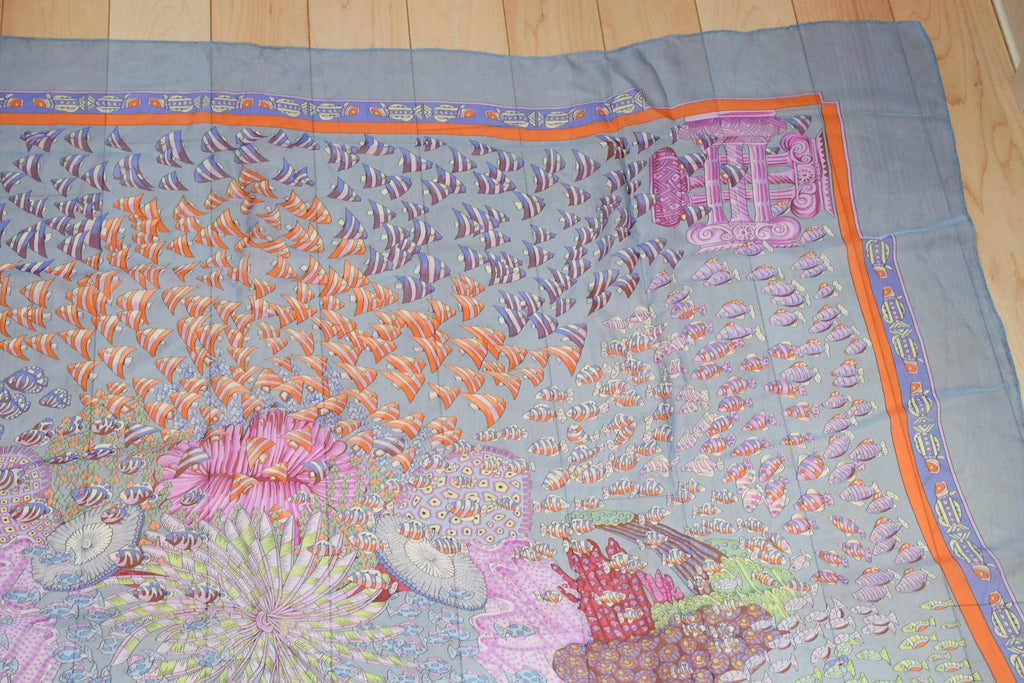 Hermes Shawl Rencontre Oceane 140 cm Chiffon Silk mousseline ocean sea 56" Scarf