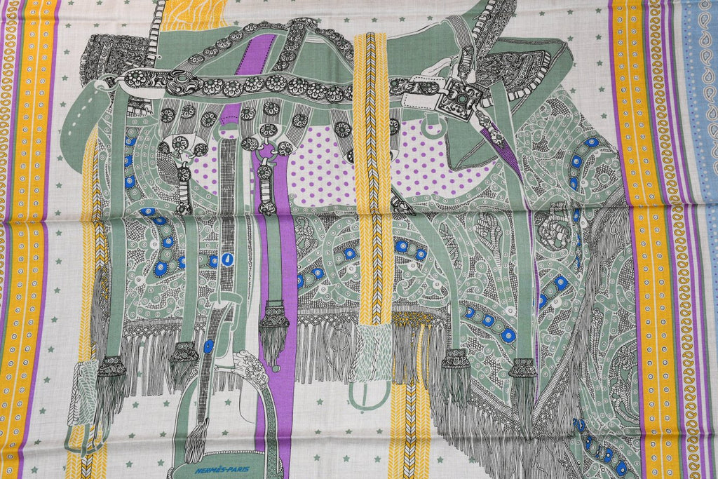 Hermes Shawl Selle de Dignitaire Bandana 140 cm Cashmere silk scarf stole horse 56"