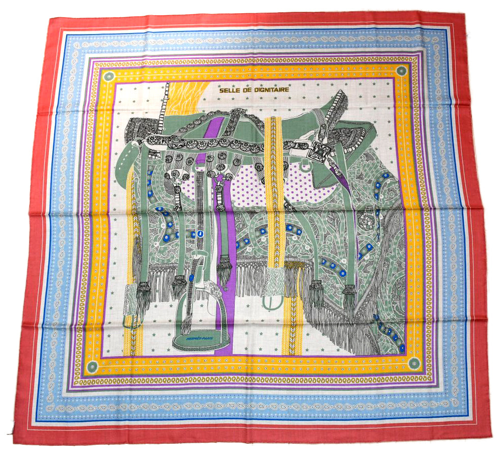 Hermes Shawl Selle de Dignitaire Bandana 140 cm Cashmere silk scarf stole horse 56"