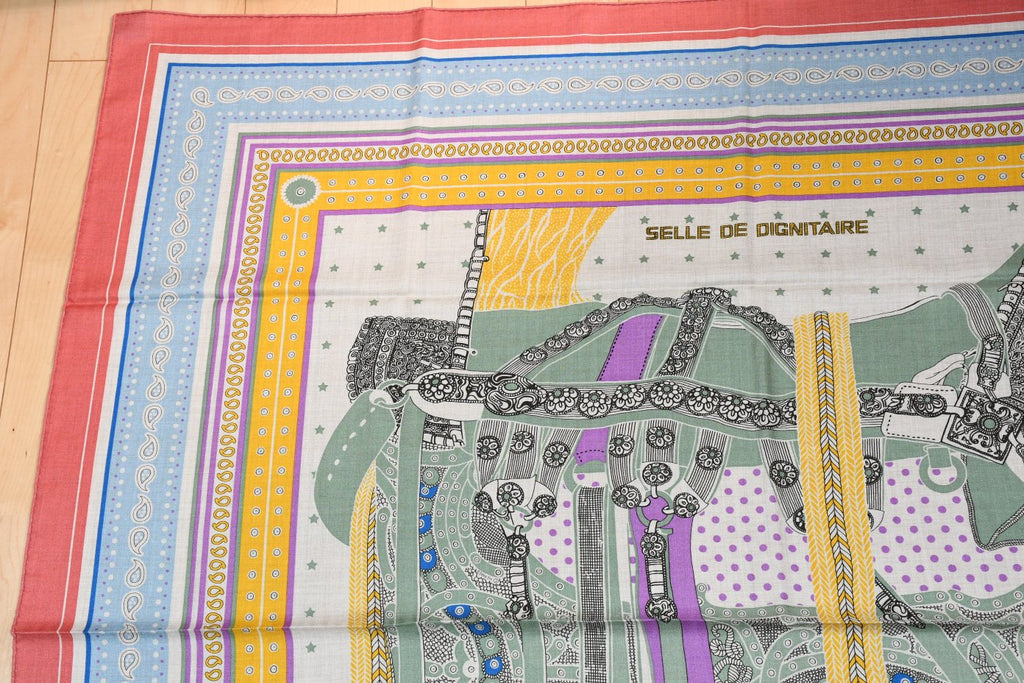 Hermes Shawl Selle de Dignitaire Bandana 140 cm Cashmere silk scarf stole horse 56"