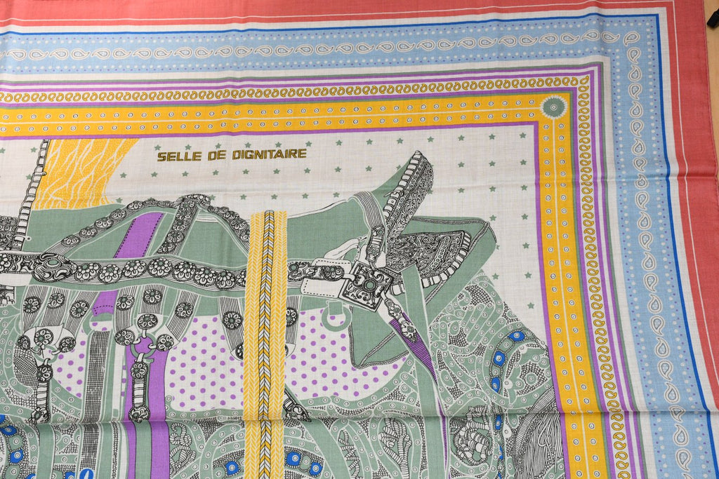 Hermes Shawl Selle de Dignitaire Bandana 140 cm Cashmere silk scarf stole horse 56"