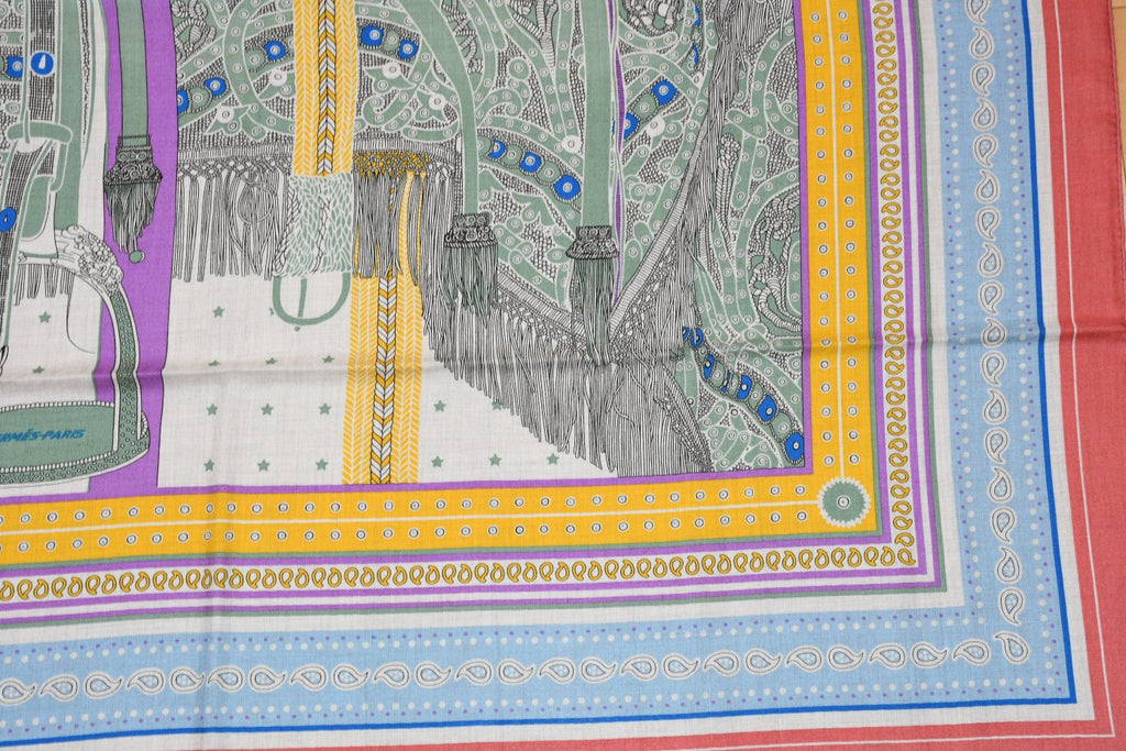 Hermes Shawl Selle de Dignitaire Bandana 140 cm Cashmere silk scarf stole horse 56"
