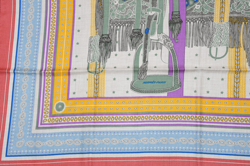 Hermes Shawl Selle de Dignitaire Bandana 140 cm Cashmere silk scarf stole horse 56"
