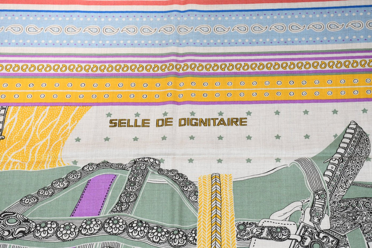 Hermes Shawl Selle de Dignitaire Bandana 140 cm Cashmere silk scarf stole horse 56"